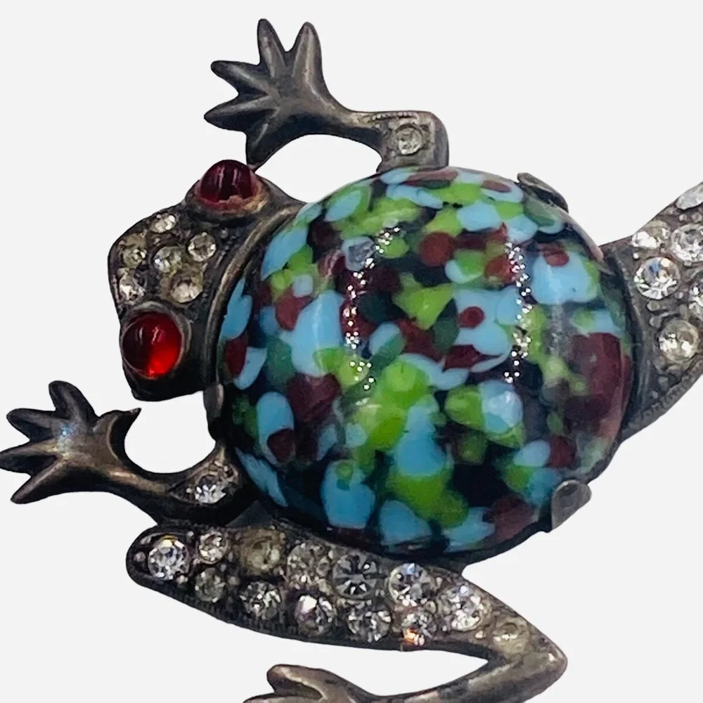 Mazer Sterling Art Glass Belly and Rhinestone Leaping Frog Brooch